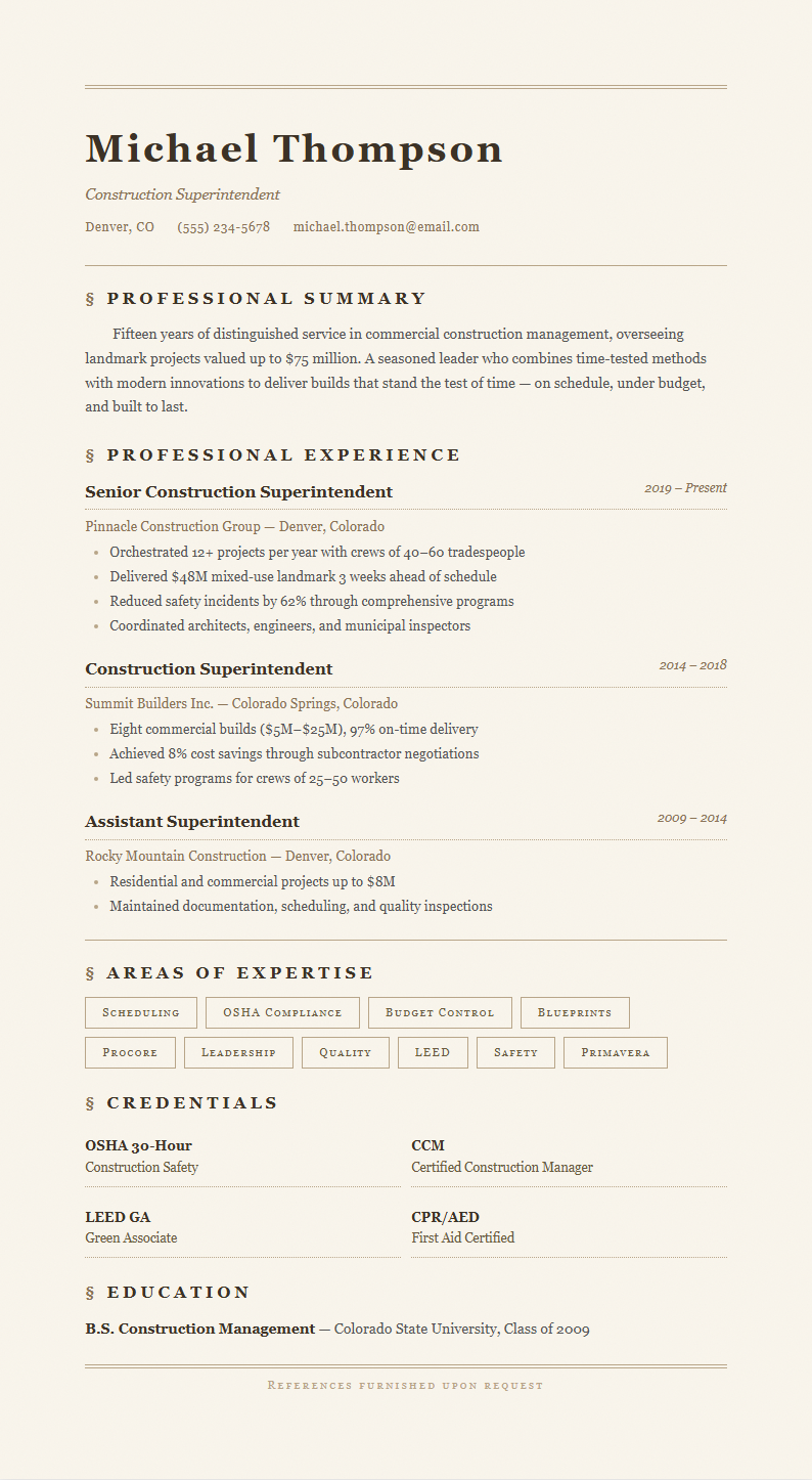 Paper texture construction superintendent resume